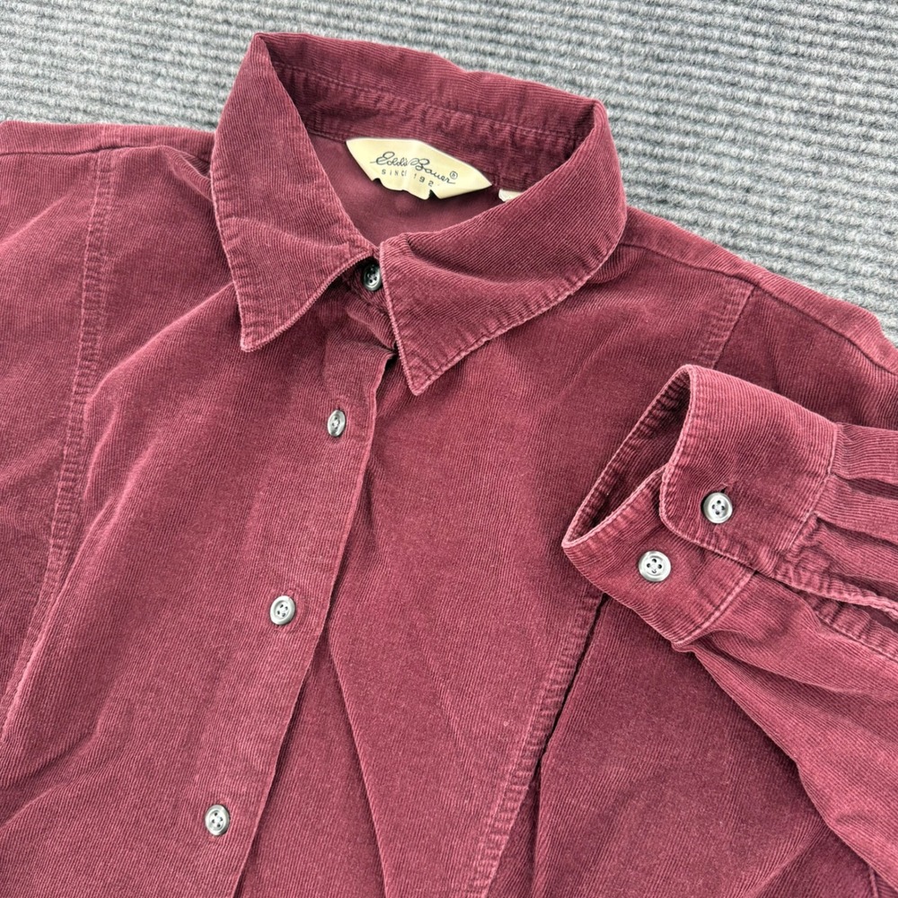 Eddie Bauer Womens Large Maroon Corduroy Button Down Shirt Cotton Long Sleeve